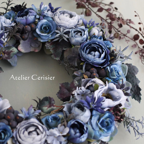 ☆アンティークブルー ローズ フラワーリース＜アーティフィシャル