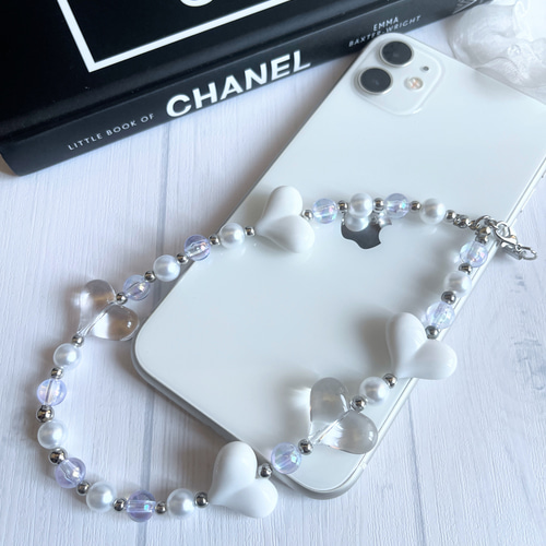 ホワイトハート】ビーズキーホルダー 携帯ストラップ チャーム