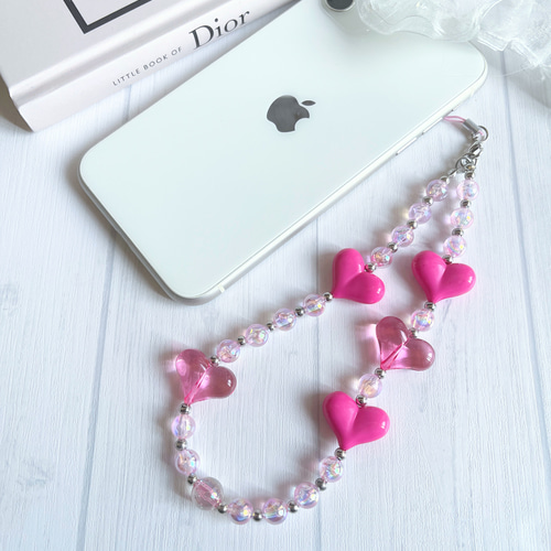 ピンクハート】ビーズキーホルダー 携帯ストラップ チャーム イヤホン