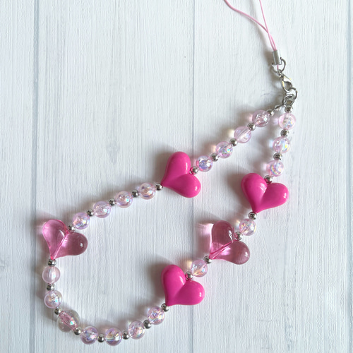ピンクハート】ビーズキーホルダー 携帯ストラップ チャーム イヤホン