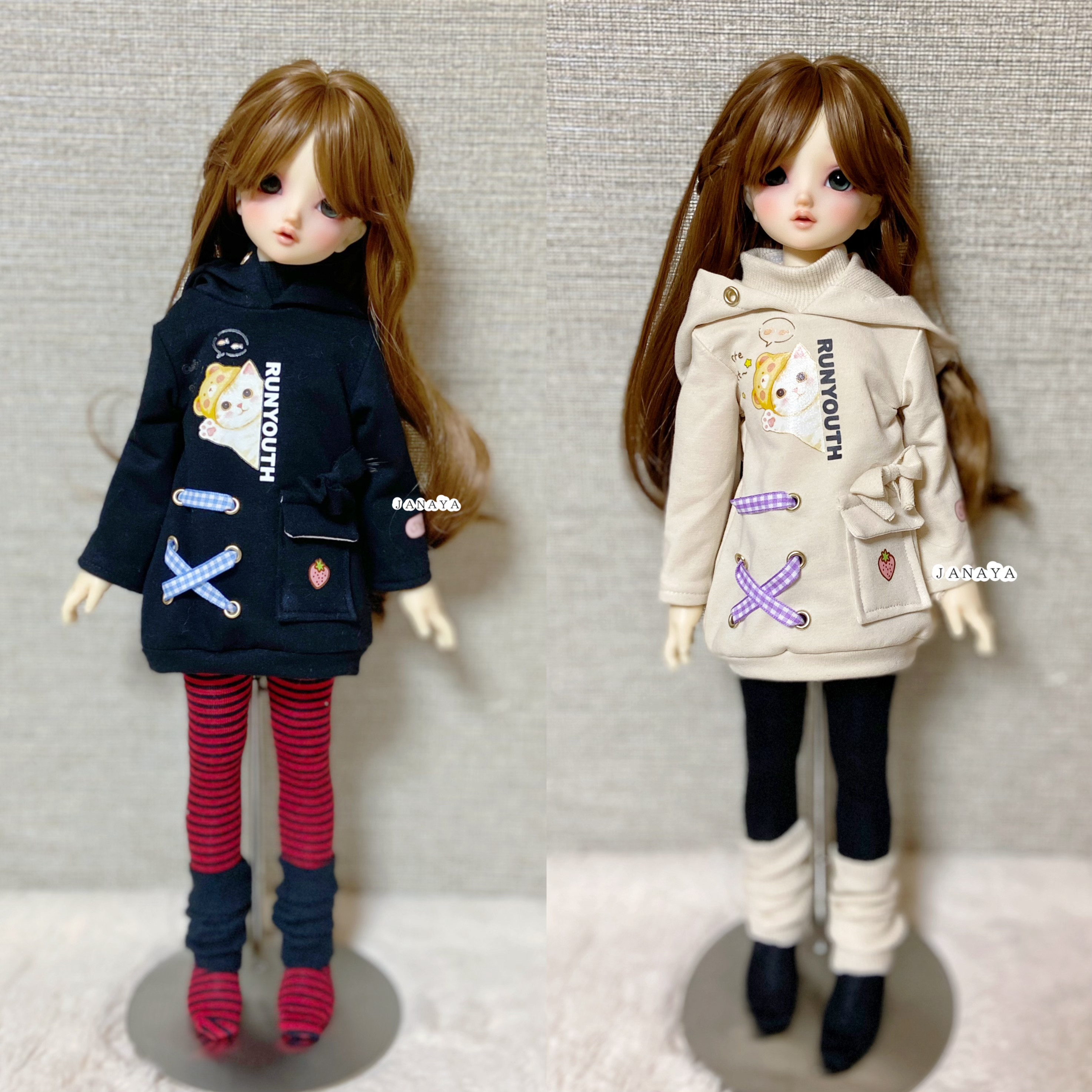 JANAYA ハンドメイド　SDM服　 1/4服　猫柄パーカー　黒色とベジュー色　2セット