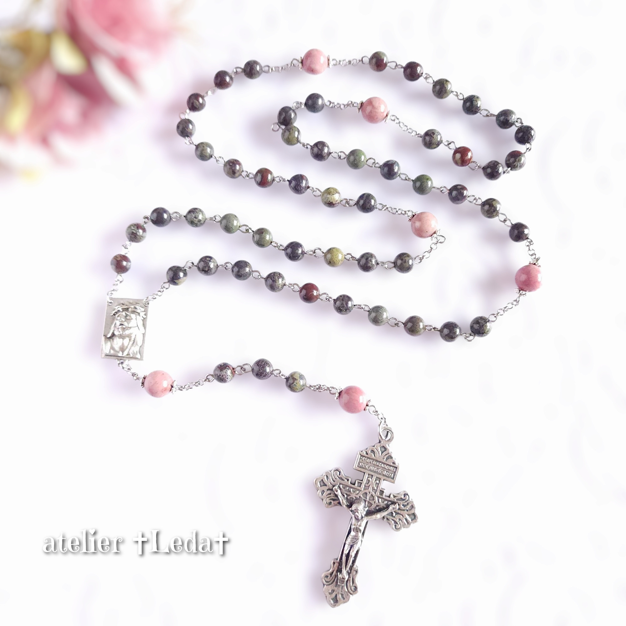 ☆ナチュラルドラゴン ブラッドストーン＆ロードナイト ロザリオ☆