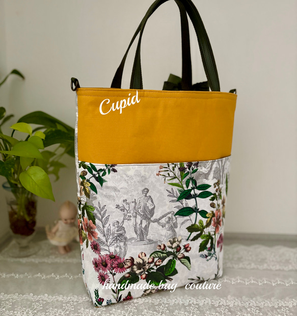 フランス輸入　華やかな植物トワルドジュイ柄の外ポケット付きＡ４対応2Way軽量トートバッグ（リボンコサージュ付き）　 6枚目の画像