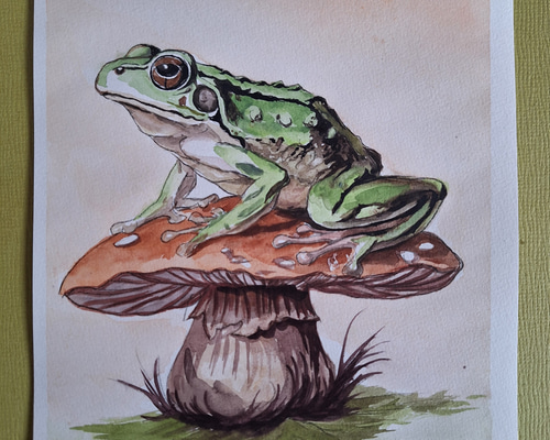 水彩画 カエルとキノコ 絵画 makochin 通販 19446420｜Creema