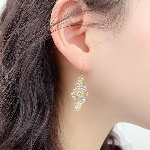 K18地金 K18YG K18WG コンビカラー 透かしリーフ ピアス ピアス