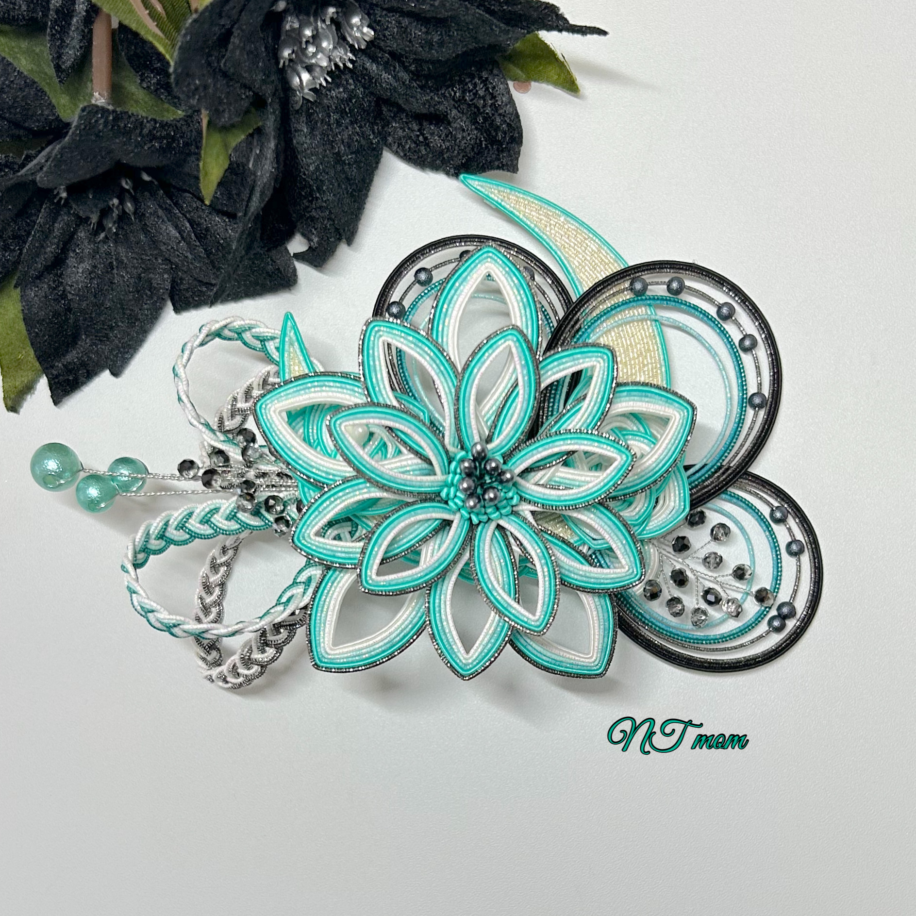 成人式卒業式結婚式・水引髪飾り・月華・ミントブラック