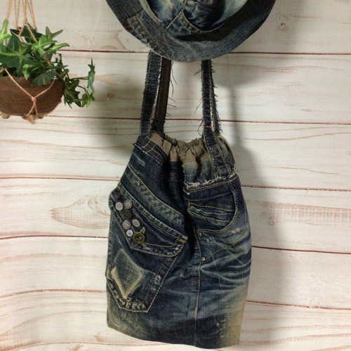 デニムジーンズリメイク巾着ショルダートートバッグbag-0020