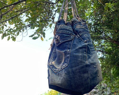 デニムリメイク☆巾着ショルダーバック デニムジーンズリメイク巾着ショルダートートバッグbag-0020