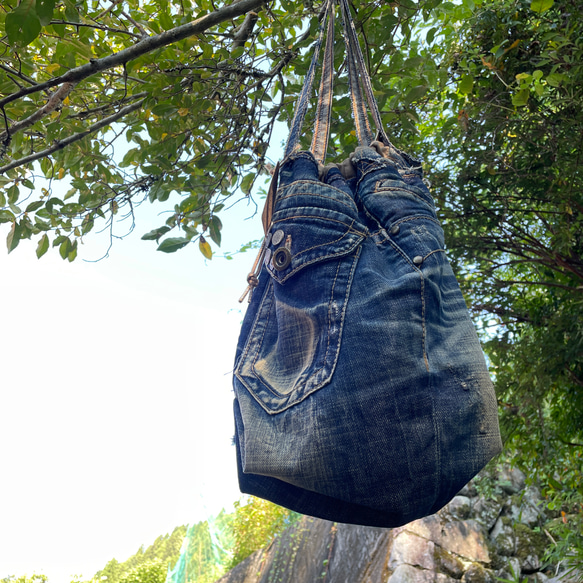 デニムジーンズリメイク巾着ショルダートートバッグbag-0020