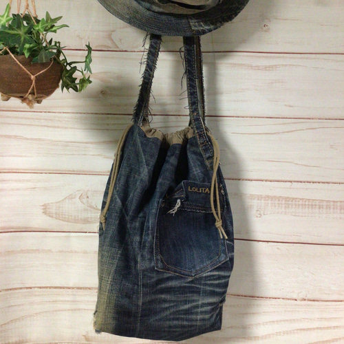 USEDデニムリメイク BIG巾着バッグ　レジャーバッグ　エコバッグ How to make a denim remake tote bag with a drawstring - YouTube