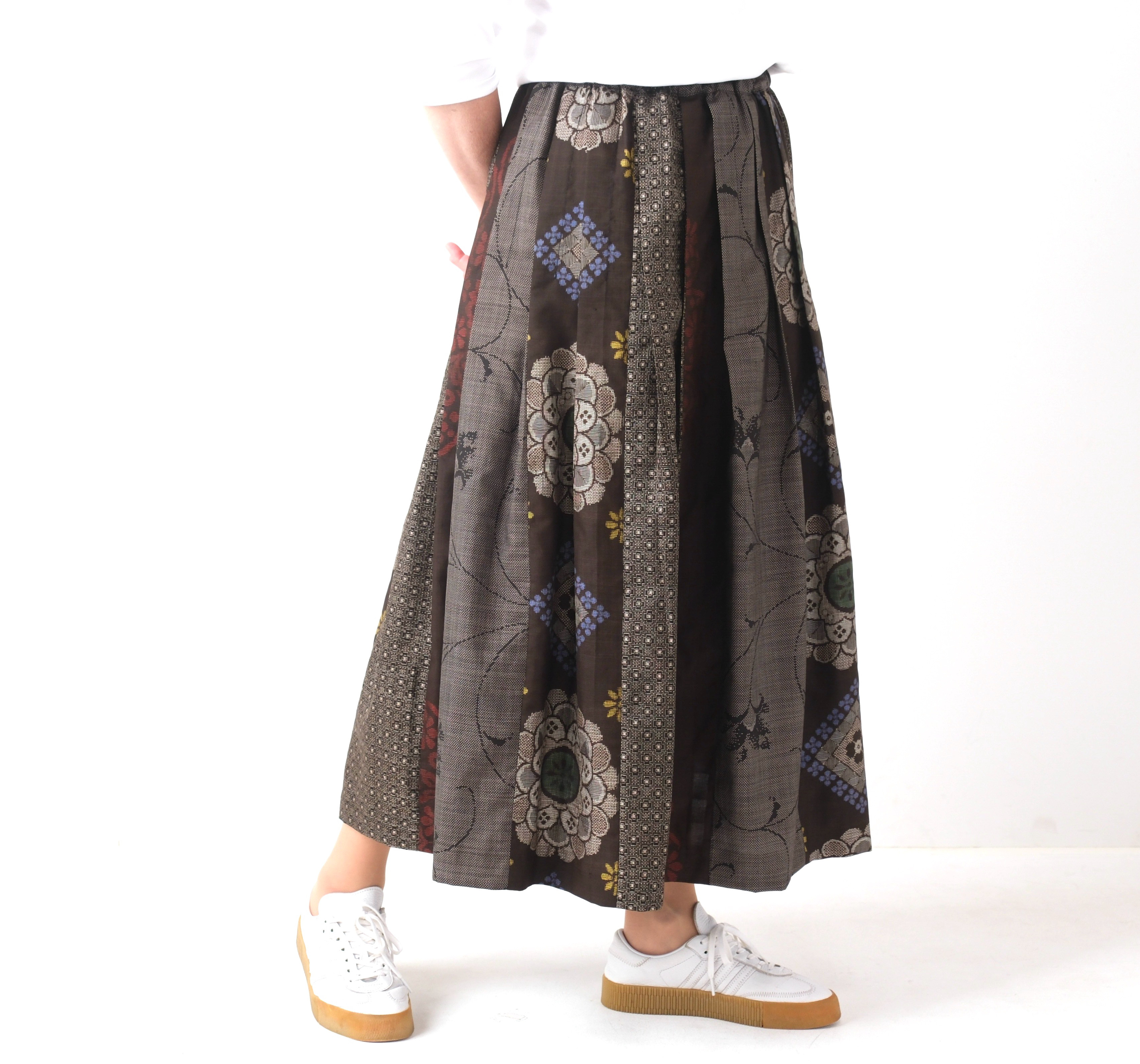 日本/大島紬】アンティーク大島紬のパッチワークスカート 細見え