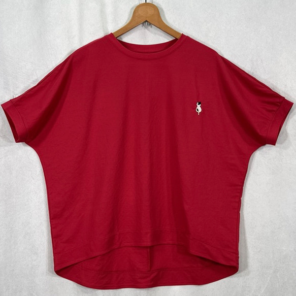 【觸感涼爽】【五色可選】印花貓咪刺繡大號套頭短袖T卹/上衣 第9張的照片