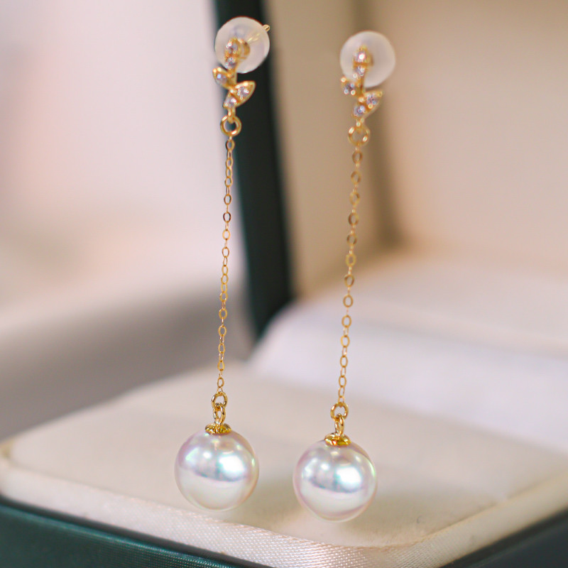 【La Corser】18Kゴールドピアス 日本製 輸入 7-9.5mm アコヤ天然海水真珠ピアス ロングピアス