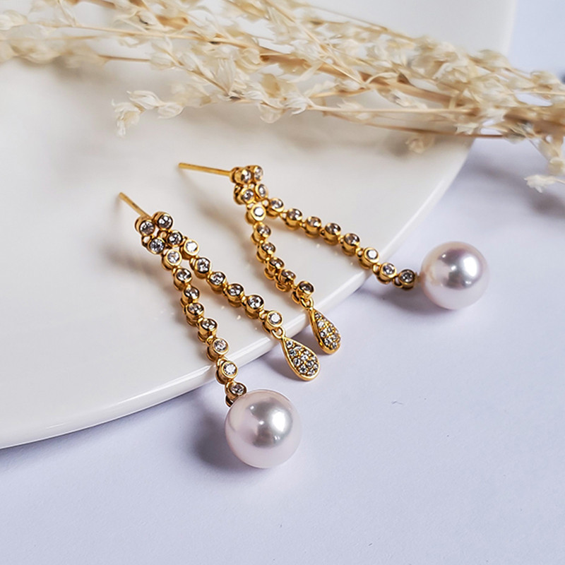 【La Corser】日本製7-9mmアコヤ天然海水真珠イヤリング、有名ブランドと同じ、18Kゴールドインレイラウンドパール、強