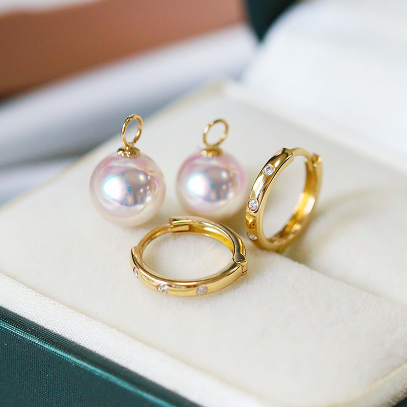 【La Corser】7.5-10mmアコヤ真珠ピアス（2ピース）、18Kゴールドピアス、エンジェルグレードダイヤモンド