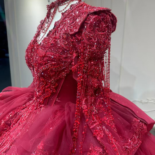 新作2025 多層チュール レッド赤 カラードレス 本命ドレス制作