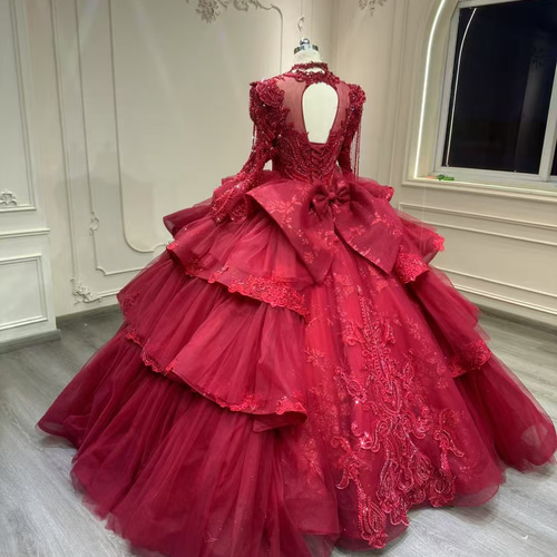 新作2025 多層チュール レッド赤 カラードレス 本命ドレス制作