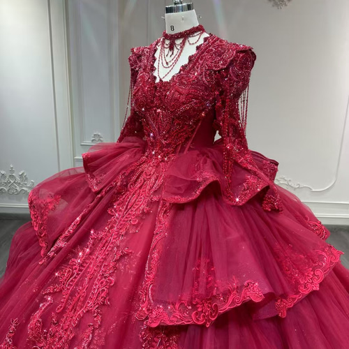 新作2025 多層チュール レッド赤 カラードレス 本命ドレス制作