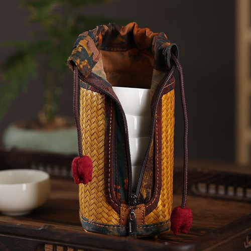 手作り竹編×香雲紗 煎茶碗 煎茶道具 手作り アウトドア 籠 巾着 収納