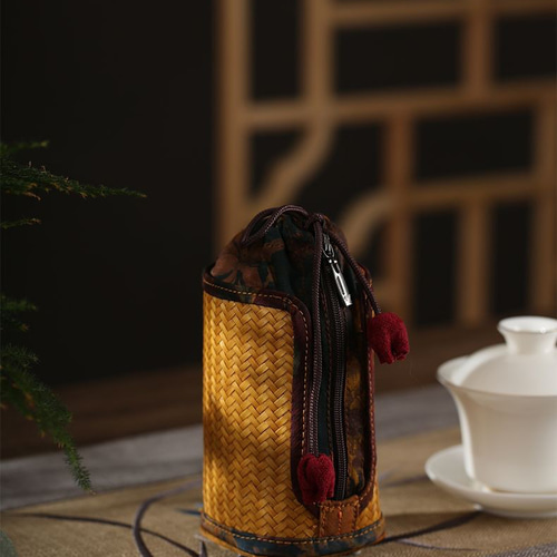 手作り竹編×香雲紗 煎茶碗 煎茶道具 手作り アウトドア 籠 巾着 収納