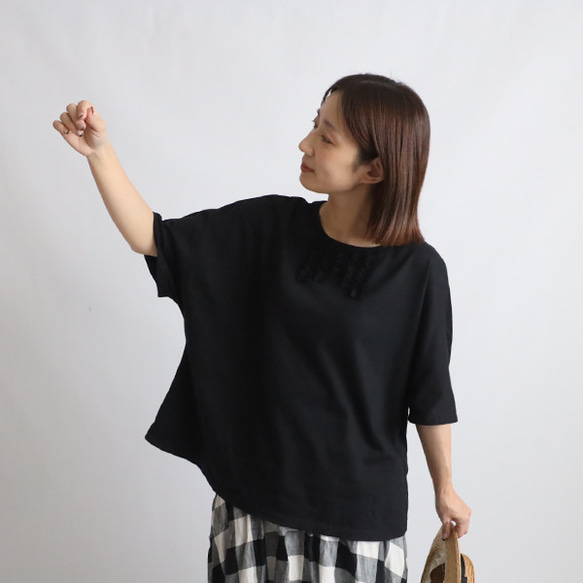 ⁑夏ＳＡＬＥ　新作　度詰め天竺コットン１００％Tシャツ生地  胸元フリルかぶるだけプルオーバーTシャツ ゆったり黒F09 13枚目の画像