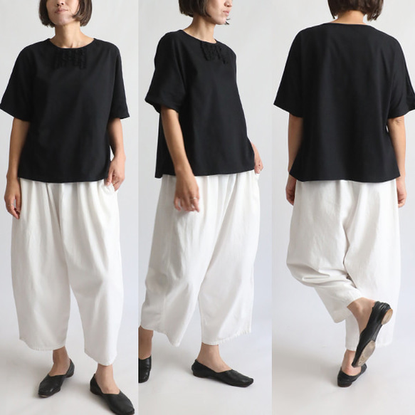⁑夏ＳＡＬＥ　新作　度詰め天竺コットン１００％Tシャツ生地  胸元フリルかぶるだけプルオーバーTシャツ ゆったり黒F09 4枚目の画像