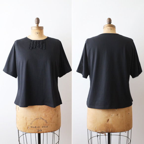 ⁑夏ＳＡＬＥ　新作　度詰め天竺コットン１００％Tシャツ生地  胸元フリルかぶるだけプルオーバーTシャツ ゆったり黒F09 9枚目の画像