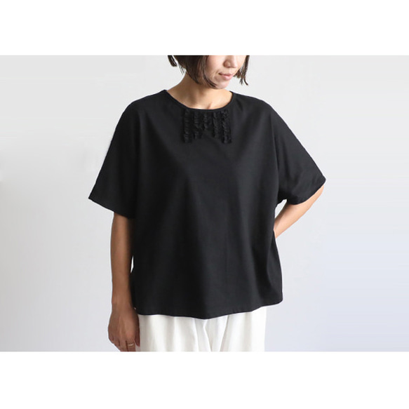 ⁑夏ＳＡＬＥ　新作　度詰め天竺コットン１００％Tシャツ生地  胸元フリルかぶるだけプルオーバーTシャツ ゆったり黒F09 11枚目の画像
