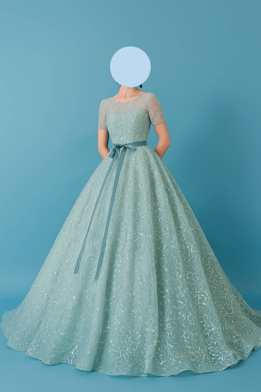送料無料！カラードレス ブルー 爽やかで優しいブルー キラキラ光る刺繍 半袖 ベルト 披露宴/結婚式