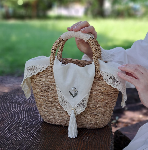 レース刺繍、すずらんかごバッグ