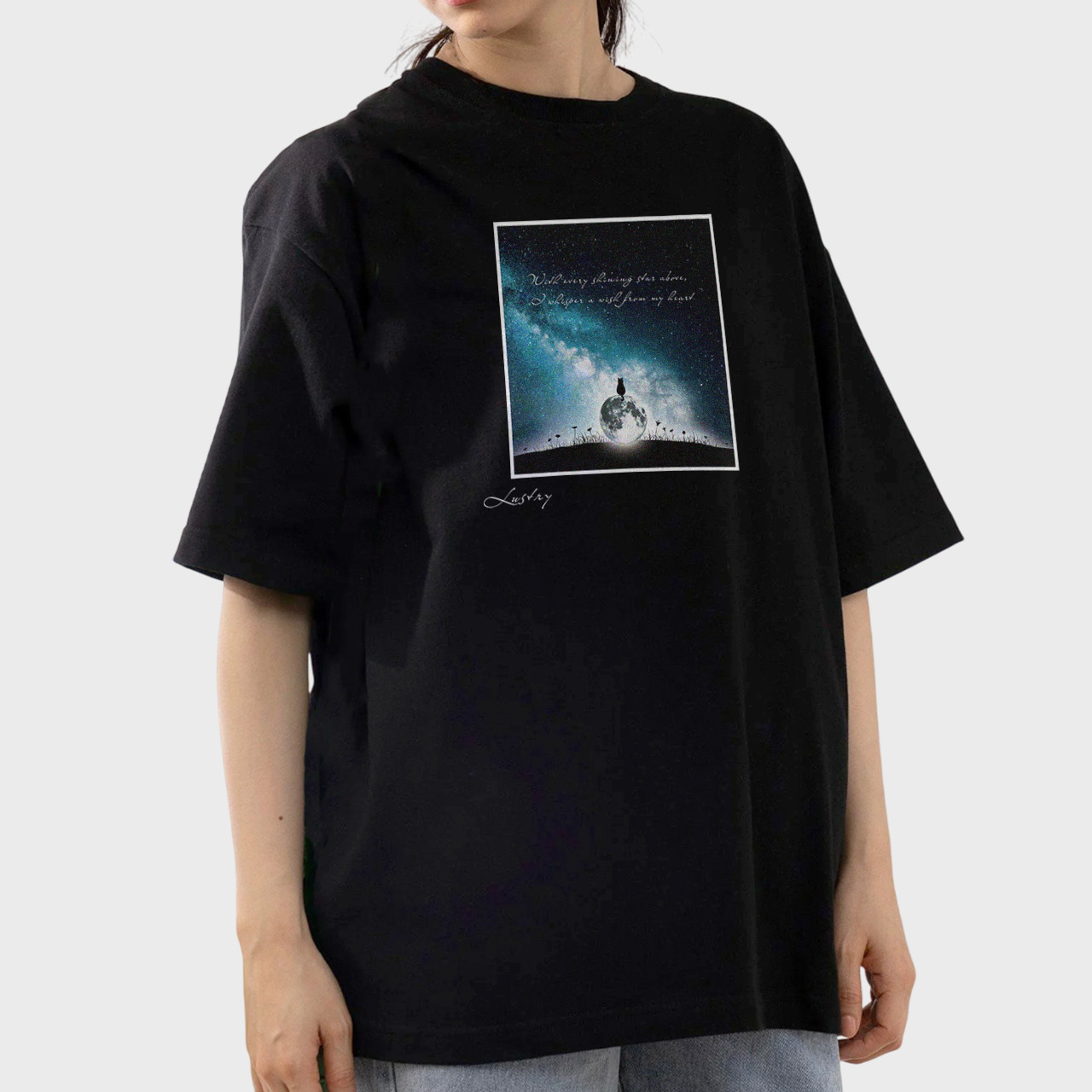 【4色展開 】抜け感がポイントの上質なコットン  ”ビッグシルエットTシャツ”　　月と猫　星空