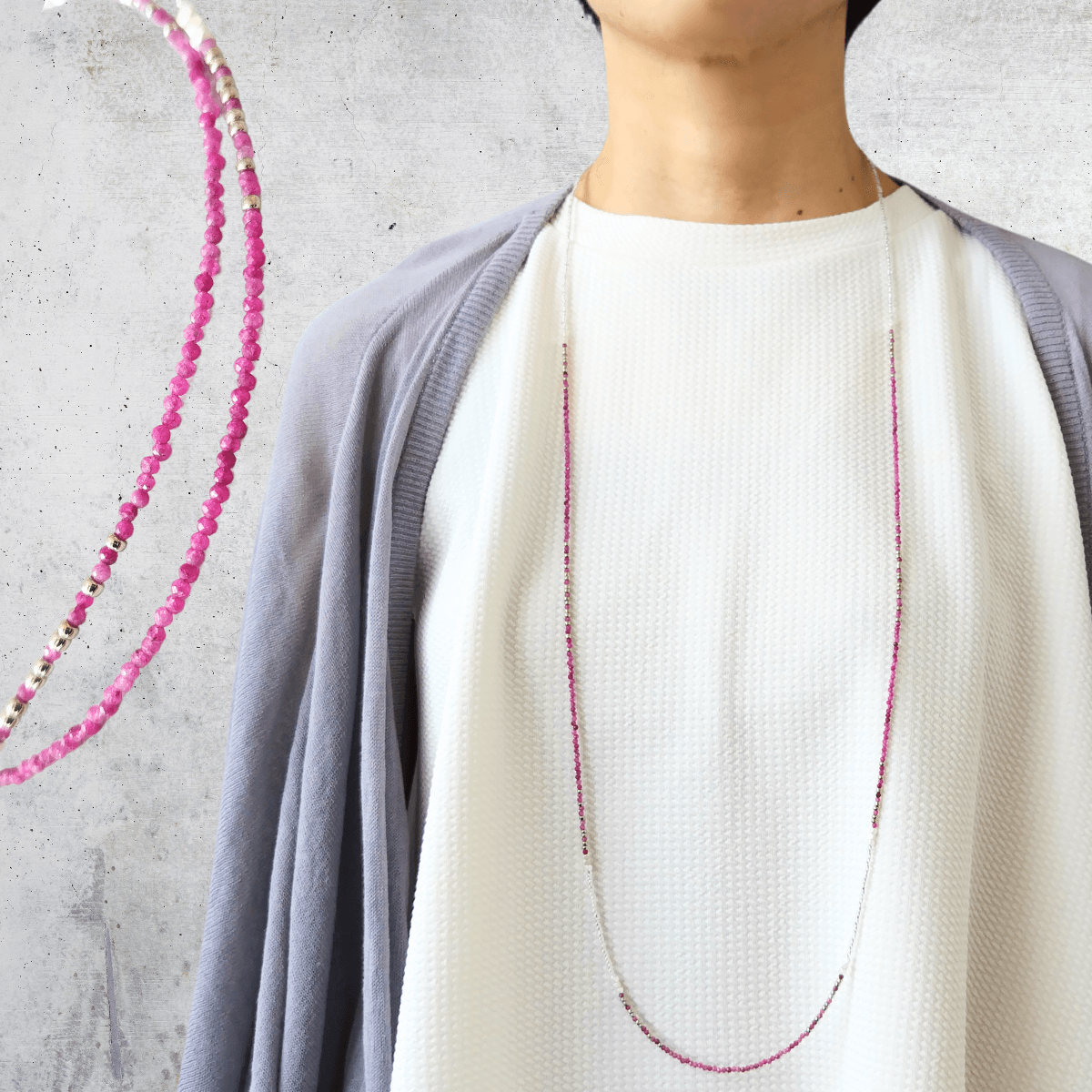 "簡単着脱" 7月誕生石ルビー マグネットロングネックレス 金属アレルギー アジャスター 延長 天然石 赤 長い 誕生日