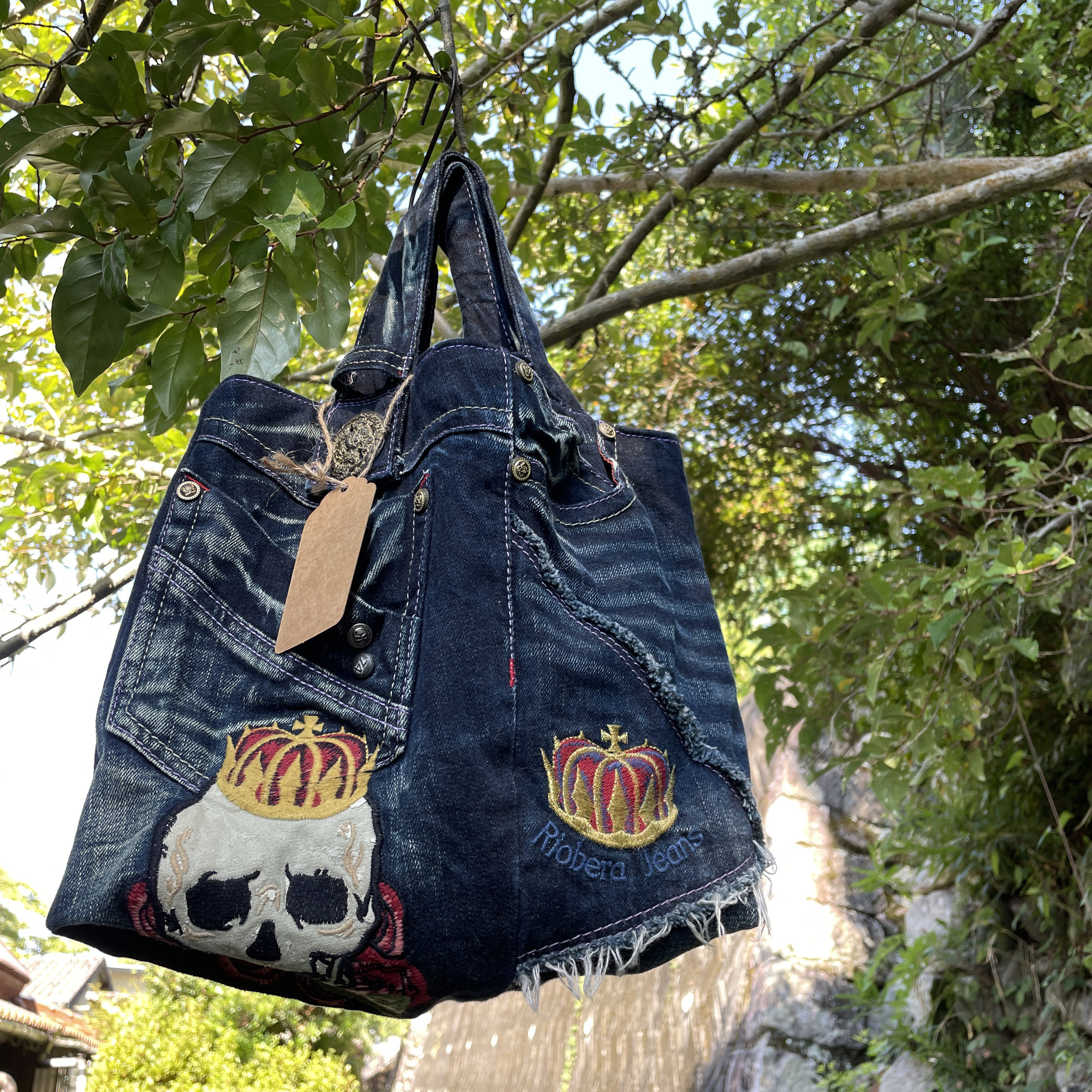 ジーンズリメイクデニムトートバッグ スカル　クラウンbag-0021