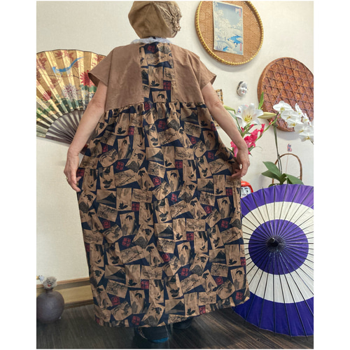 浮世絵柄生地の柿渋染めワンピース ハンドメイド ワンピース 着物
