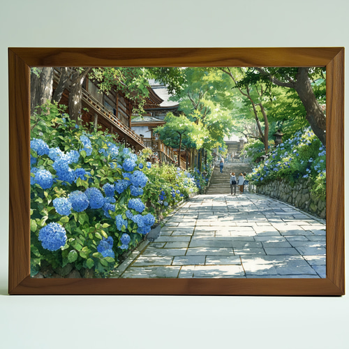 初夏の鎌倉・長谷寺 ー 青いアジサイと朝の光の小径 風景画インテリア