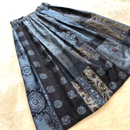 アンティーク大島紬のパッチワークスカート 裏地付き 着物リメイク