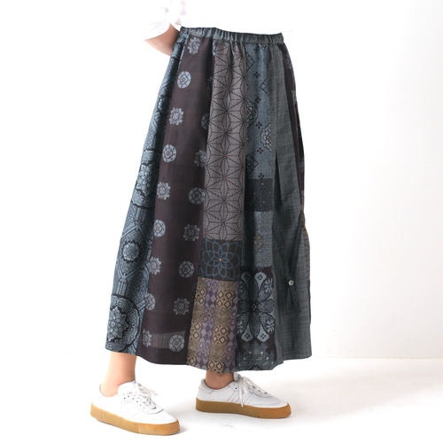 アンティーク大島紬のパッチワークスカート 裏地付き 着物リメイク
