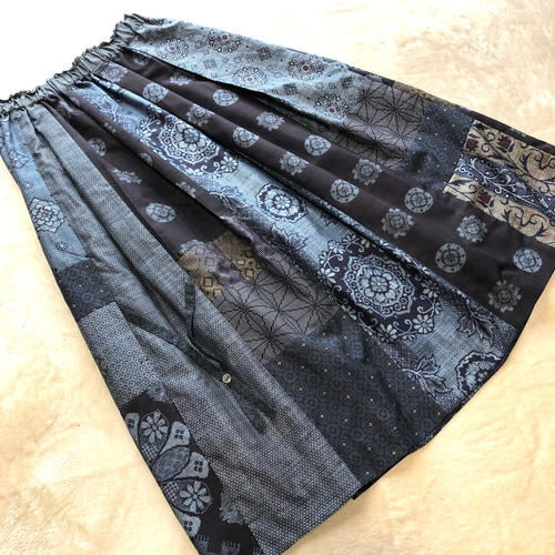 アンティーク大島紬のパッチワークスカート 裏地付き 着物リメイク