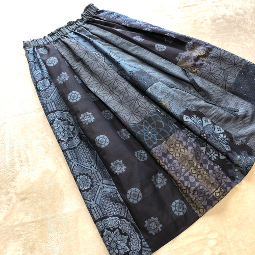 アンティーク大島紬のパッチワークスカート 裏地付き 着物リメイク