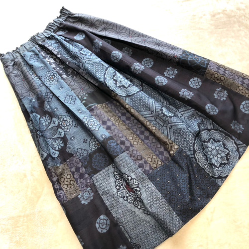 アンティーク大島紬のパッチワークスカート 裏地付き 着物リメイク