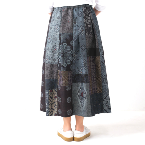 アンティーク大島紬のパッチワークスカート 裏地付き 着物リメイク