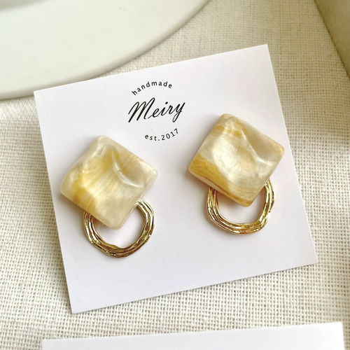 再販*ハンドメイド* ゴールドクリア マーブルスクエア クリップ イヤリング