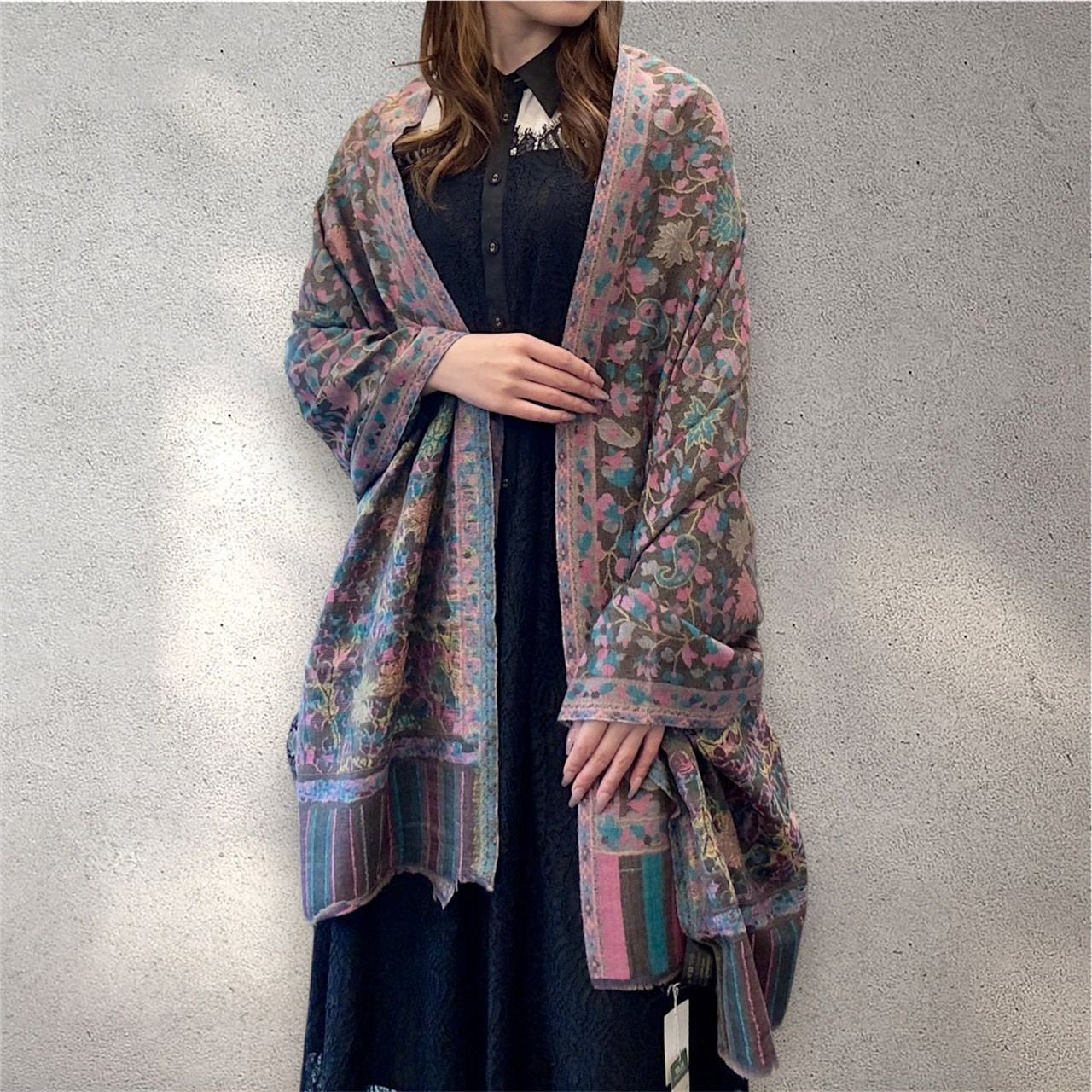 カシミヤショール ジャガード織 花柄 ペイズリー柄 ストール グレー系 ピンク グリーン 大判 一点物 カシミール