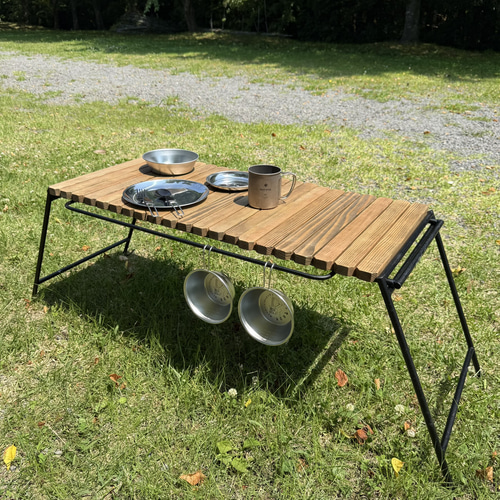 IGT対応 折りたたみアイアンテーブル ジャコビーン色-フラットバーナーテーブル ジャコビーン色 IGT対応 組み立て式アイアンテーブル 幅86cm フラット