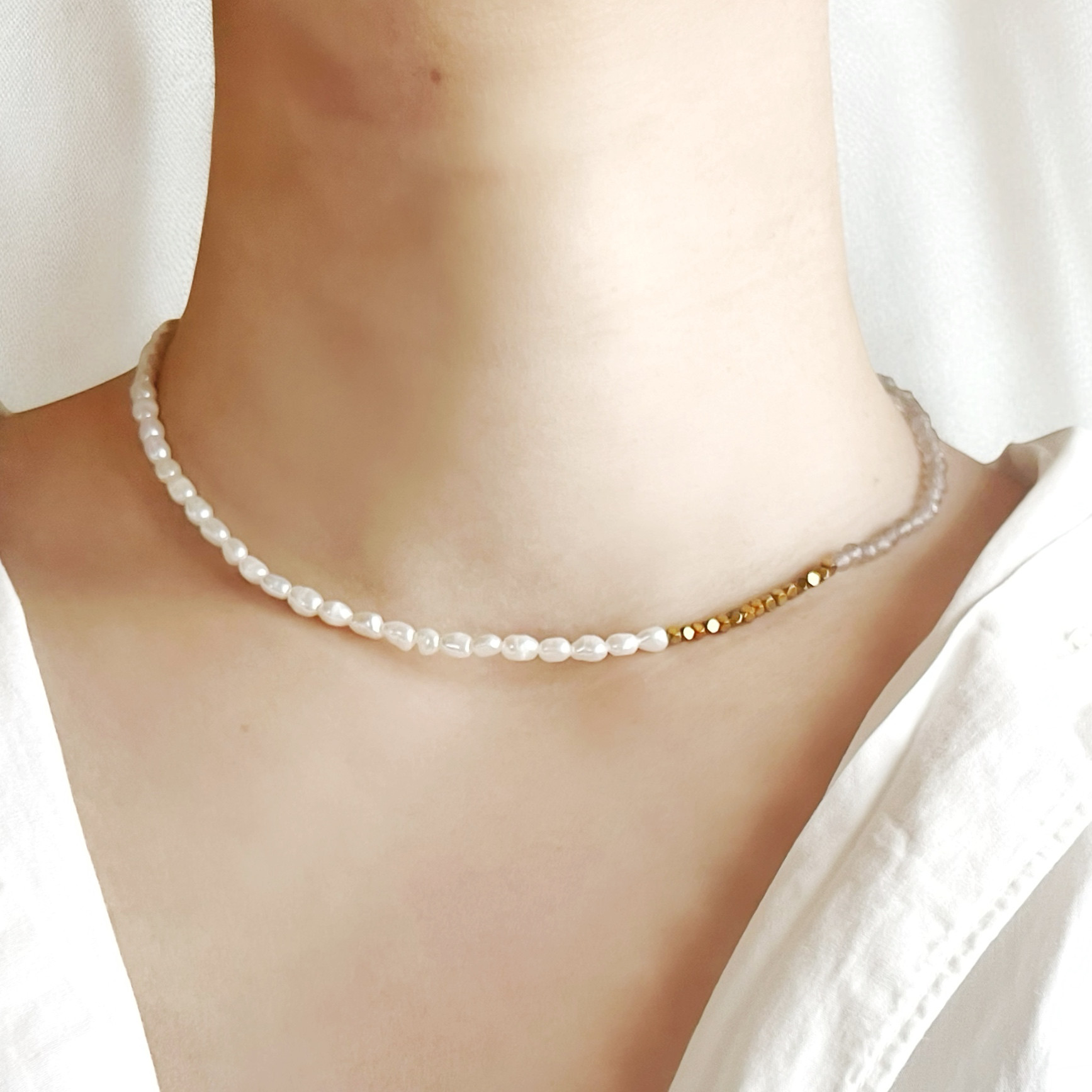 【JORIE】淡水パール×ヘマタイト×グレーオニキス　大人のニュアンスネックレス 14kgf 2way