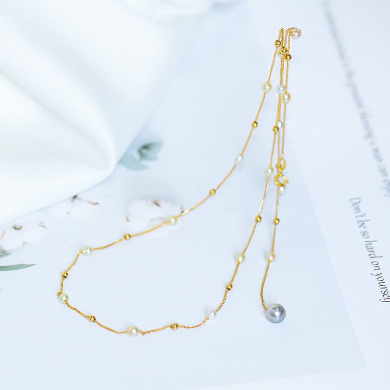 【La Corser】日本製 2.5-3mm アコヤ真珠 小粒 海水真珠 ネックレス 18K ゴールド 星空チェーン 調節可能