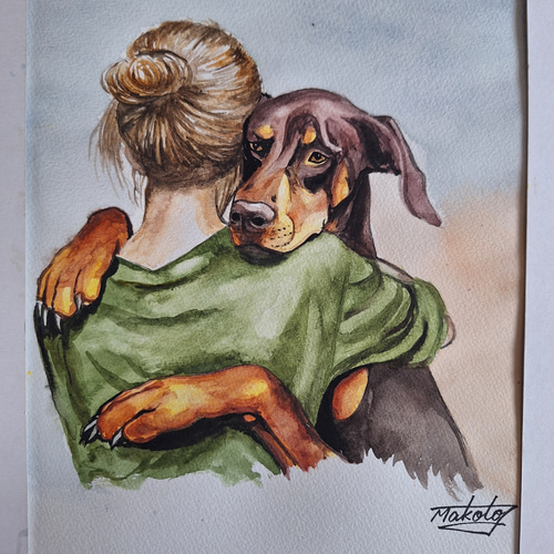 水彩画 ドーベルマンとハグする女性 絵画 makochin 通販 19451895