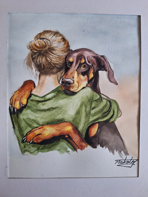 水彩画 ドーベルマンとハグする女性 絵画 makochin 通販 19451895