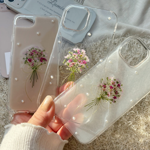 ピンクかすみ草 リボン ブーケ 押し花スマホケース 【ハイブリッド