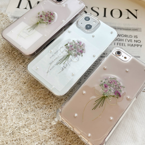 ピンクかすみ草 リボン ブーケ 押し花スマホケース 【ハイブリッド